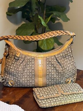 VTG Brighton Bag & Wallet Set Brown Signature B Hearts Hobo Handbag Woven Strap